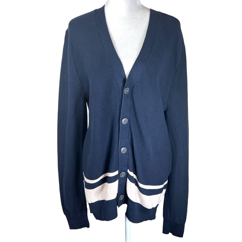 Banana Republic Womens Cardigan Sweater Blue Beige Striped‎ Cotton Medium